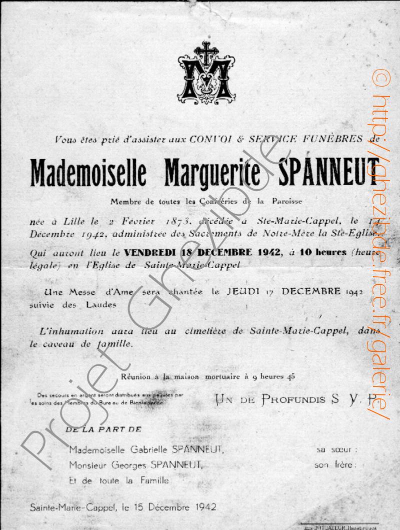 Marguerite SPANNEUT, décédée à Sainte-Marie-Cappel, le 14 Décembre 1942 (69 ans).